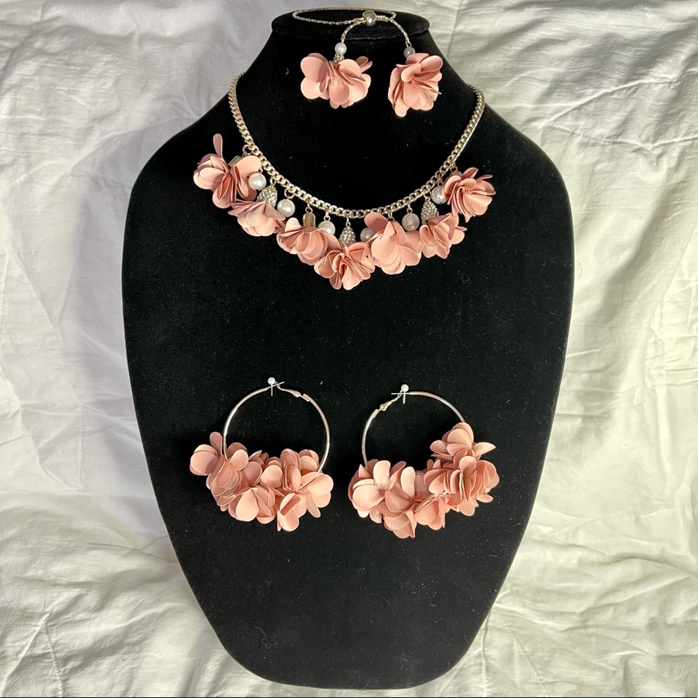 Rose Gold Fabric Flower Necklace/Earrings/Bracelet
